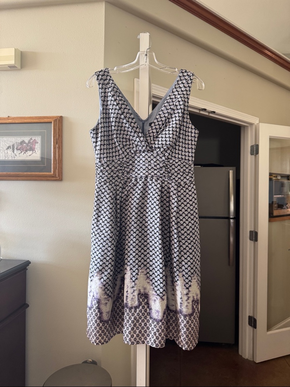 Nanette Lepore Navy and White Printed V-Neck Midi Dress